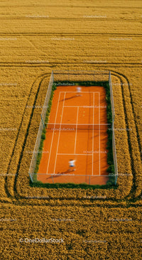 Solitary Tennis Player on Green Court with Lush Surroundings