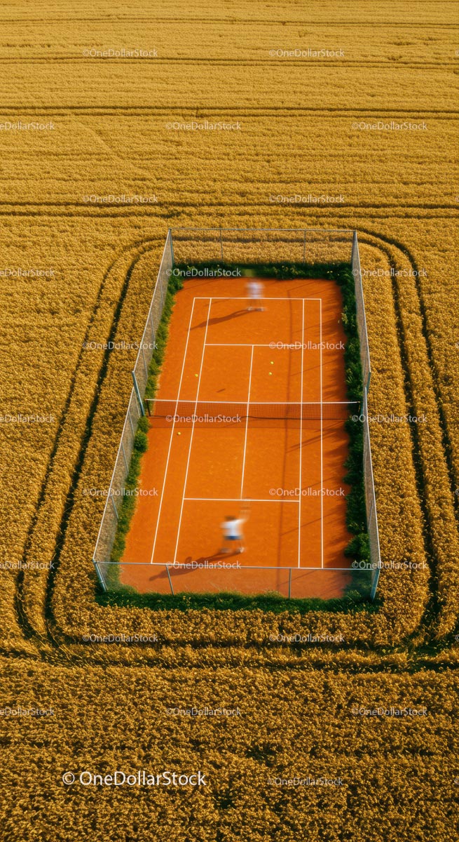 Solitary Tennis Player on Green Court with Lush Surroundings