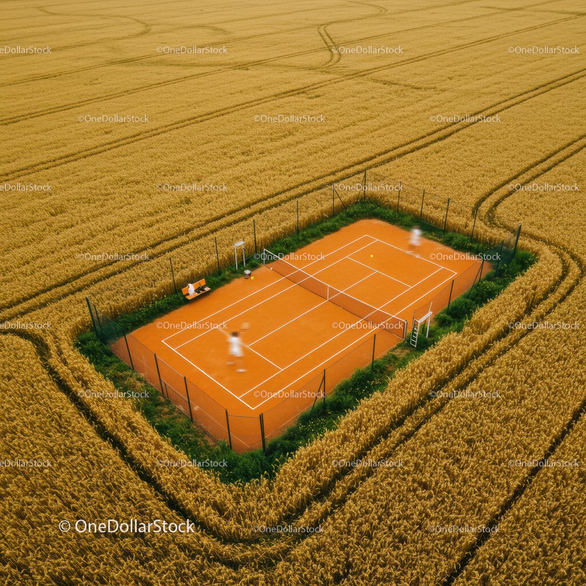 Aerial View of Tennis Court Surrounded by Wheat Field
