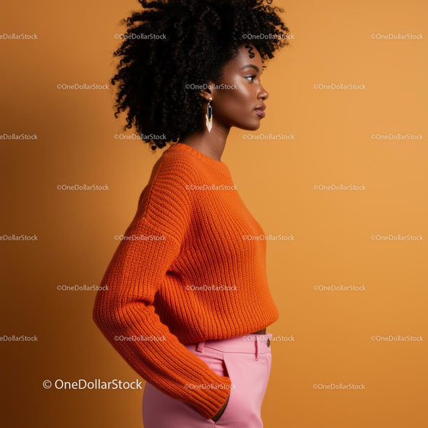 Stylish Woman in Orange Sweater and Pink Pants Side Profile