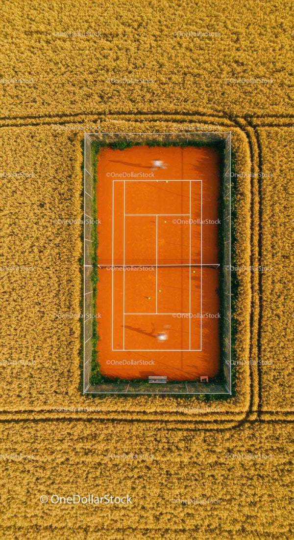 Aerial View of Tennis Court in Expansive Wheat Field