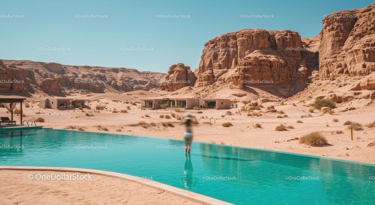 Luxurious Desert Resort with Turquoise Pool and Rocky Cliffs