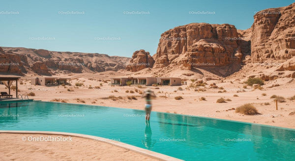 Luxurious Desert Resort with Turquoise Pool and Rocky Cliffs