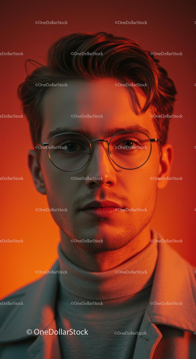 Stylish Man in Glasses with Dramatic Red Lighting