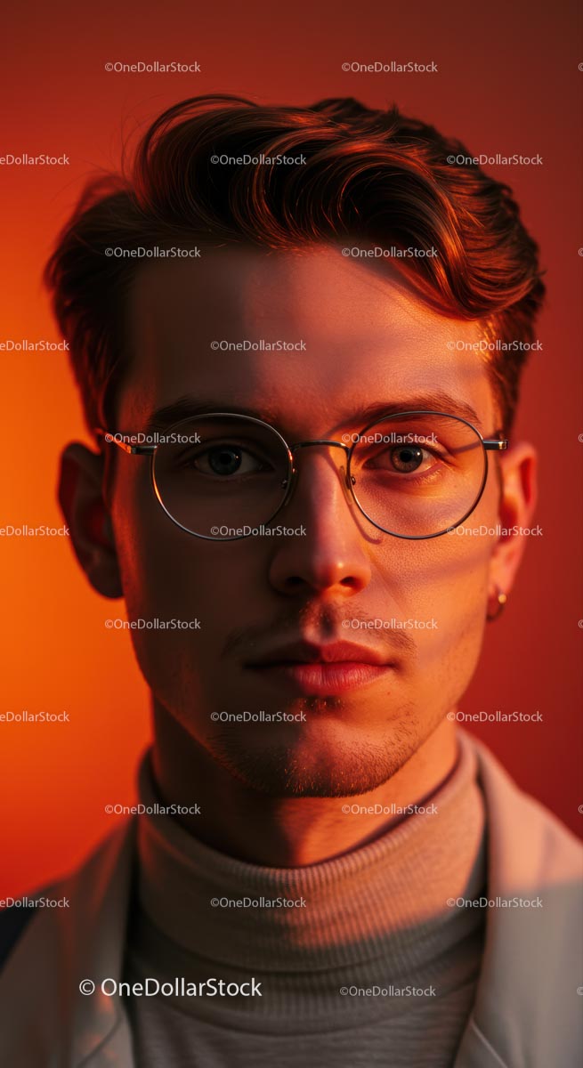 Stylish Young Man in Glasses with Red Gradient Background