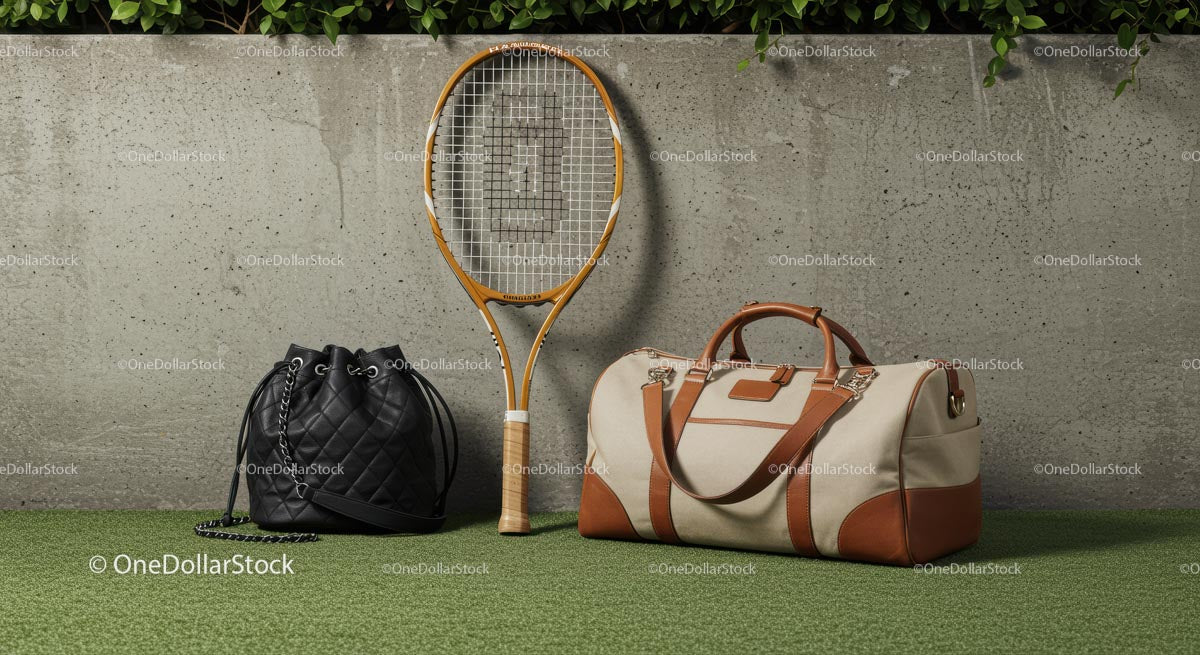 Tennis Racket and Bags Against Concrete Wall Outdoors