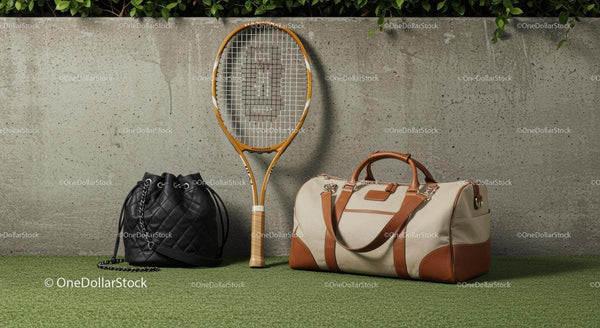 Tennis Racket and Bags Against Concrete Wall Outdoors