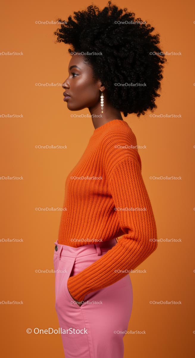 Elegant Woman in Orange Sweater and Pink Pants