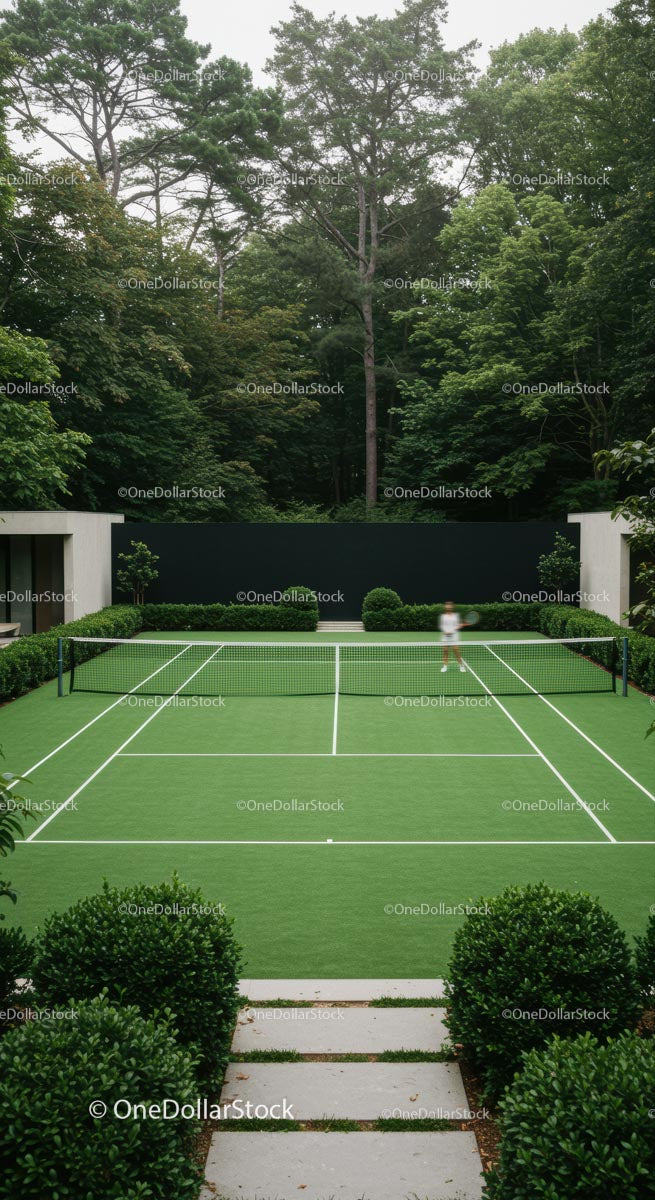 Modern Tennis Court Surrounded by Lush Forest
