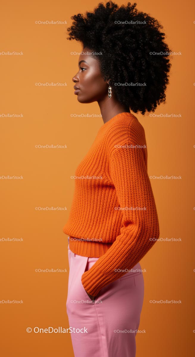 Stylish Woman in Orange Sweater and Pink Pants on Orange Background