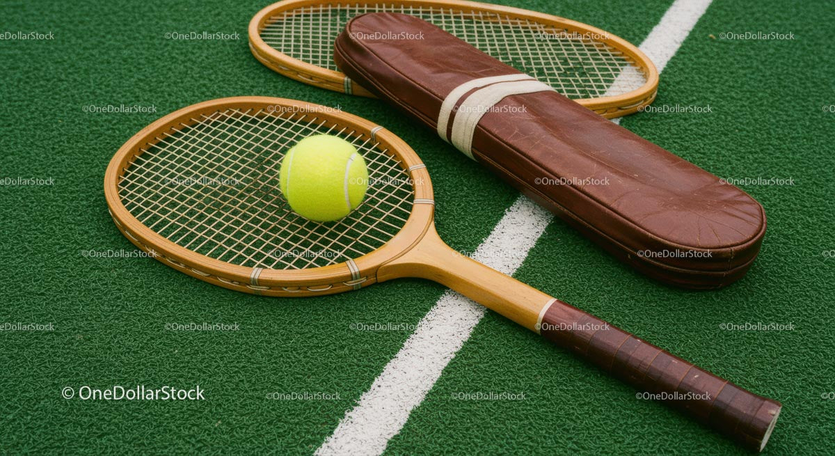 Vintage Wooden Tennis Racket on Green Court