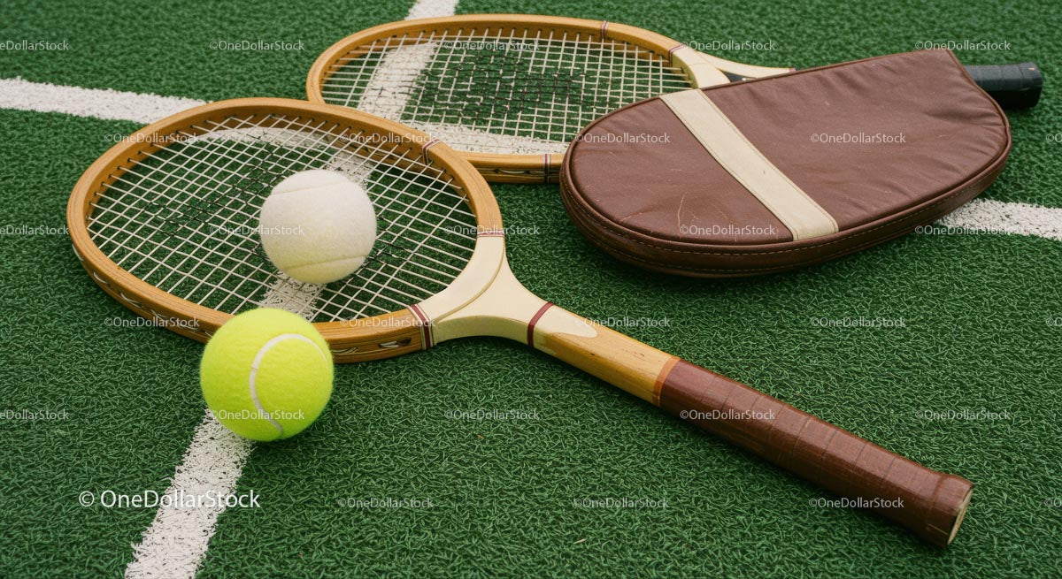 Vintage Tennis Racket and Balls on Green Grass Court