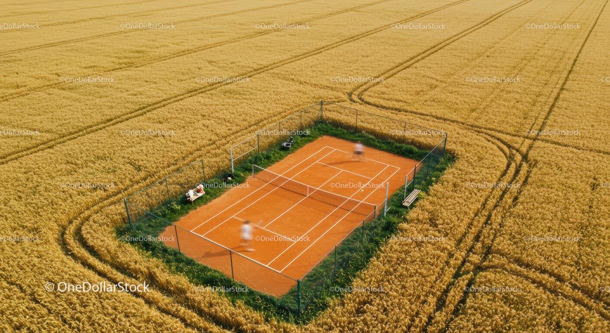 Aerial View of Tennis Court in Golden Wheat Field