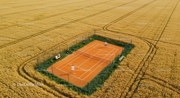 Aerial View of Tennis Court in Golden Wheat Field