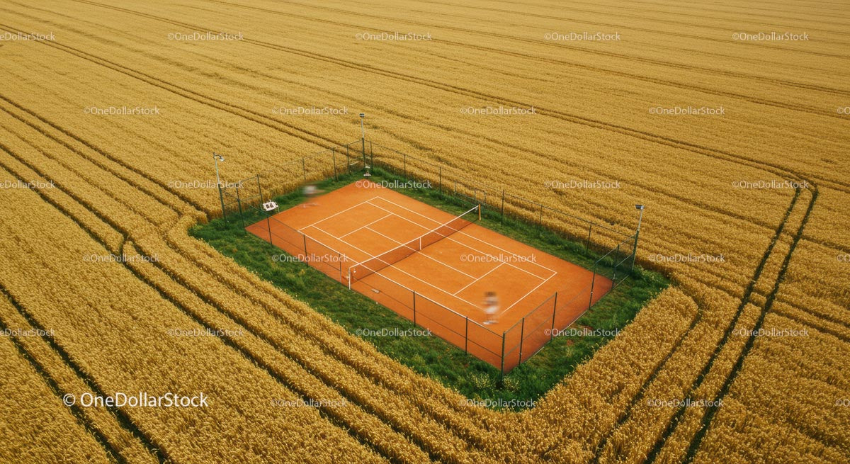 Aerial View of Tennis Court in Golden Wheat Field