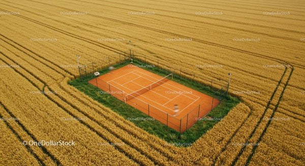 Aerial View of Tennis Court in Golden Wheat Field