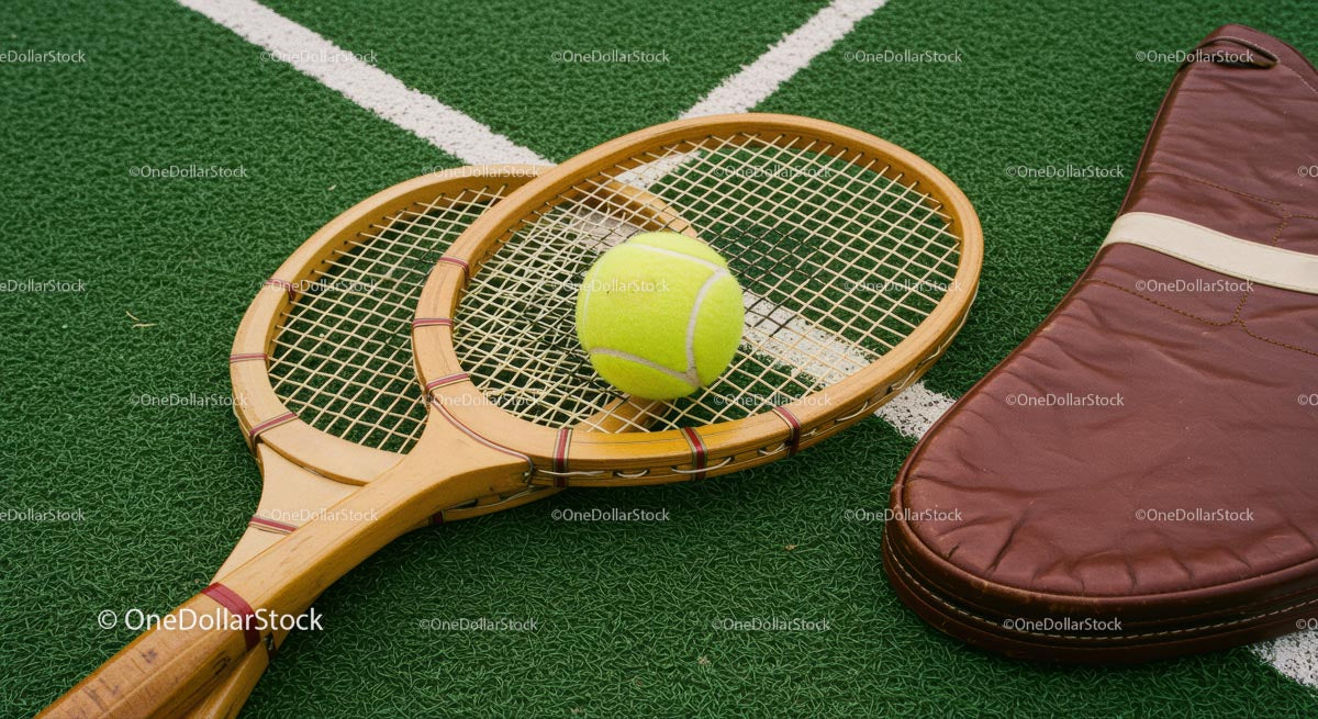 Vintage Tennis Rackets and Ball on Green Court