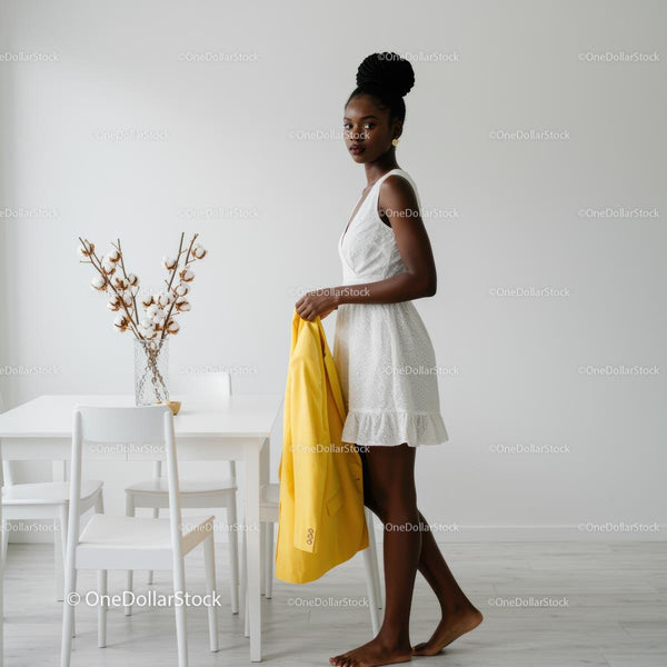 Elegant Woman in White Dress Holding Yellow Jacket Indoors