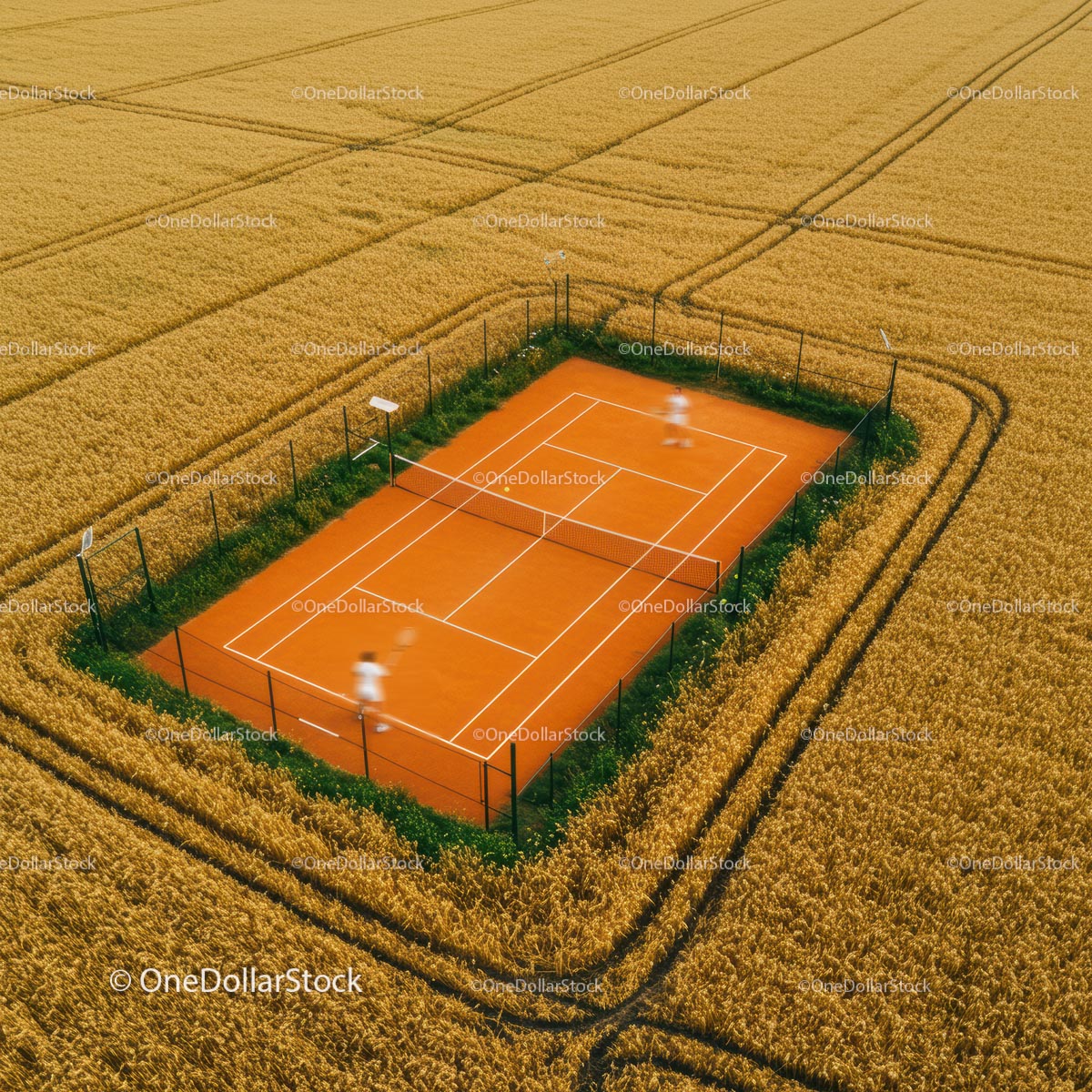 Aerial View of Tennis Court in Golden Wheat Field