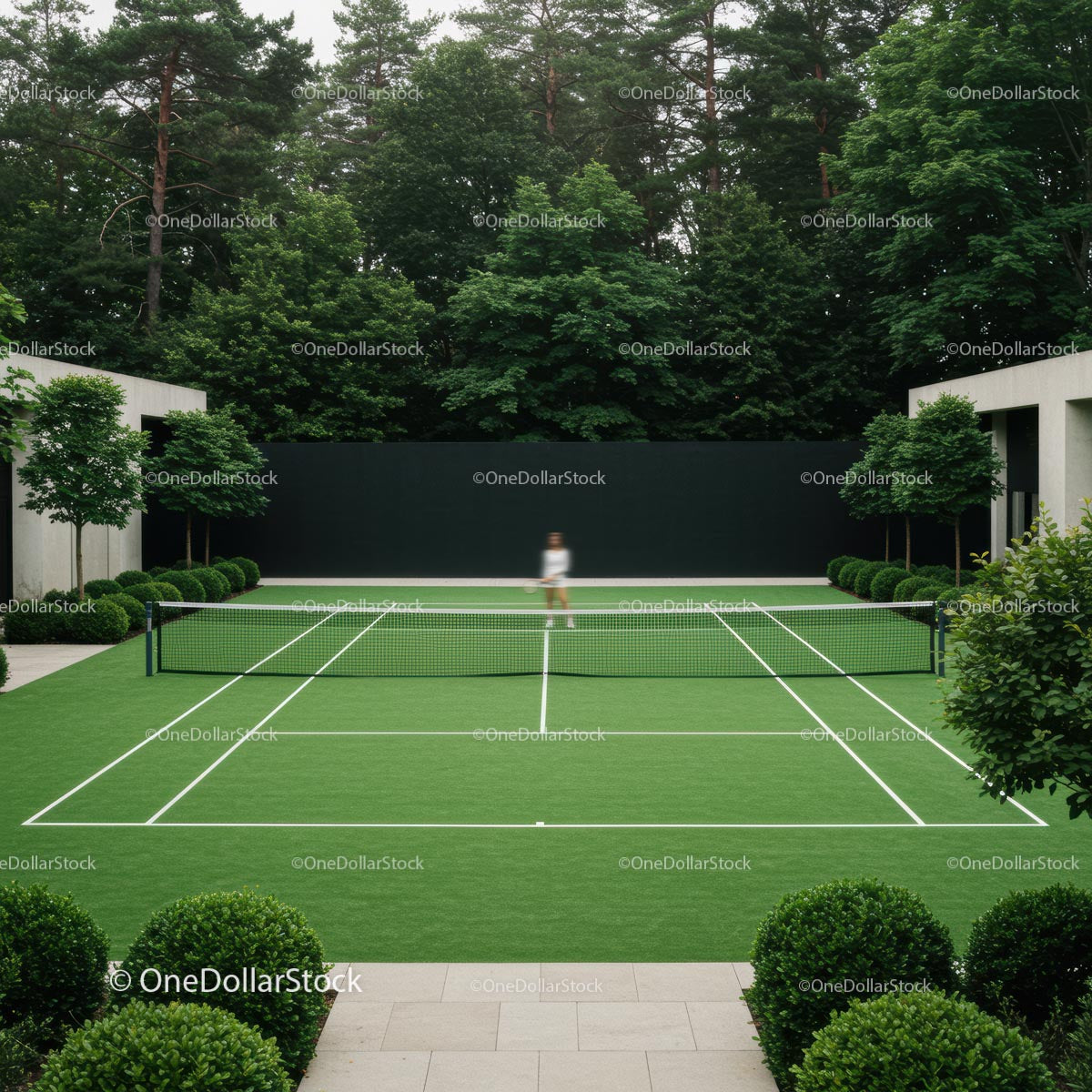 Elegant Tennis Court Surrounded by Greenery and Modern Design