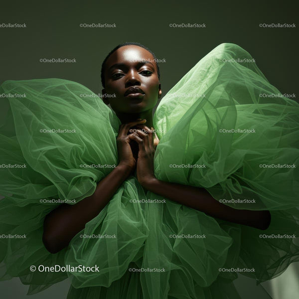 Elegant Woman in a Dramatic Green Tulle Dress