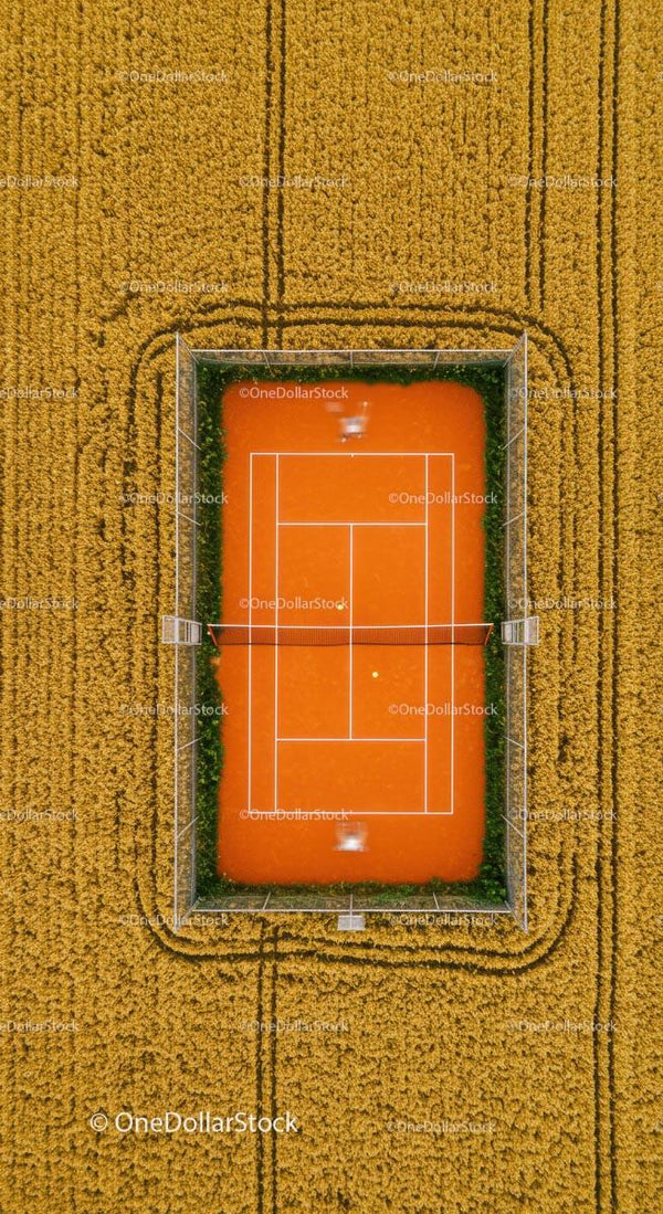 Aerial View of Tennis Court Amidst Golden Wheat Field