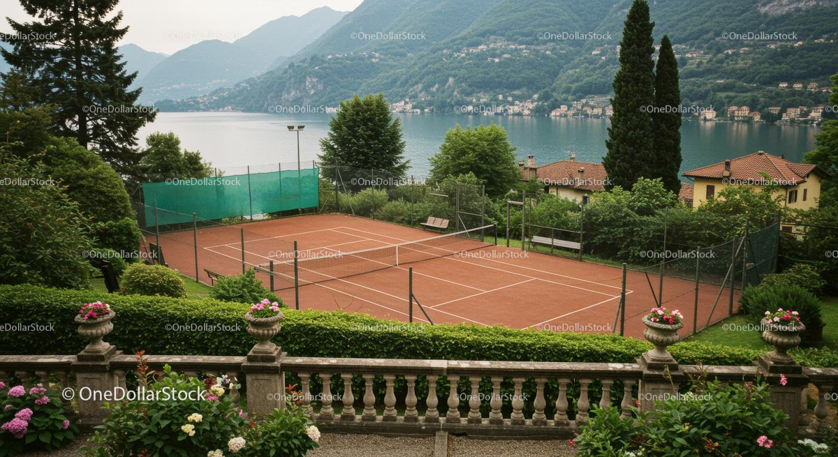 Tennis Court by Scenic Lake and Mountains