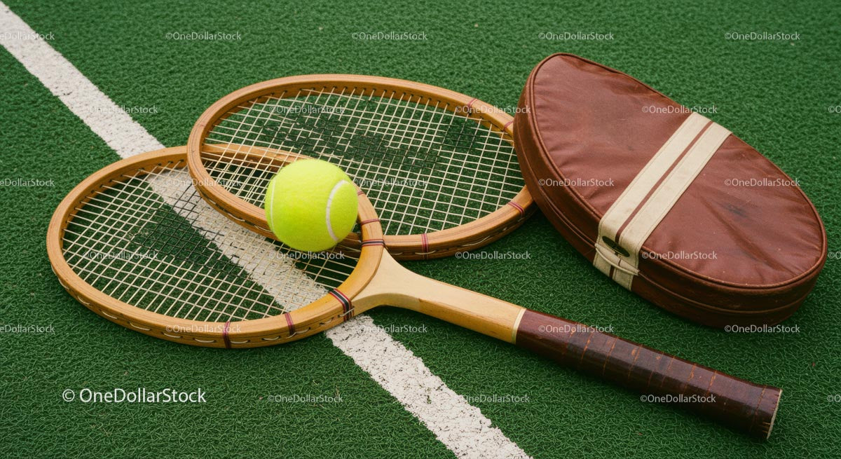Vintage Wooden Tennis Rackets on Green Court