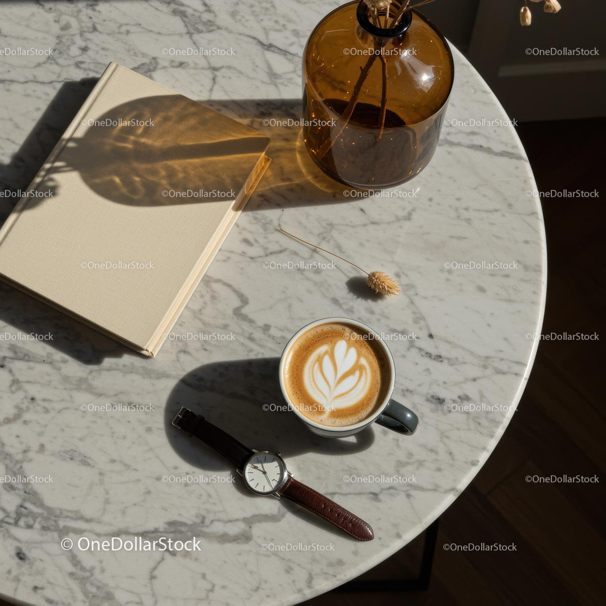 Morning Coffee on Marble Table with Watch and Book