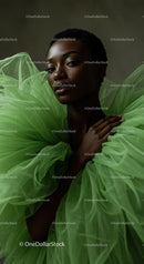 Elegant Woman Wrapped in Green Tulle Gown