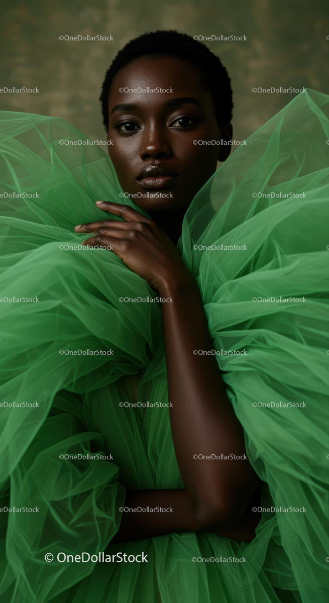 Elegancki portret mody w zielonej tiulowej sukni