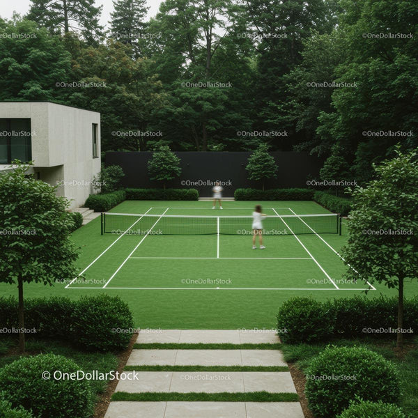 Modern Tennis Court at Luxurious Green Residential Setting