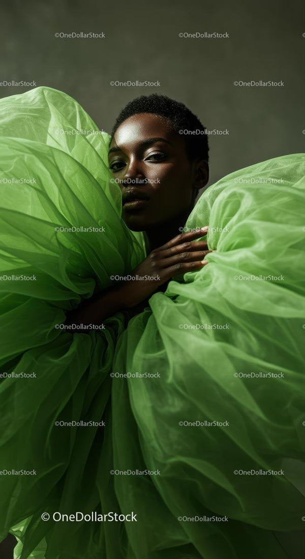 Elegant Woman in Vibrant Green Tulle Fabric