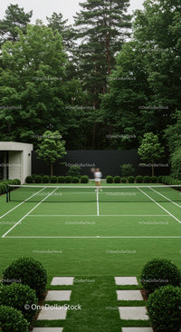 Modern Tennis Court Surrounded by Lush Greenery