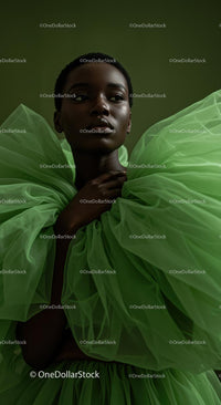 Elegant Model in Dramatic Green Tulle Dress