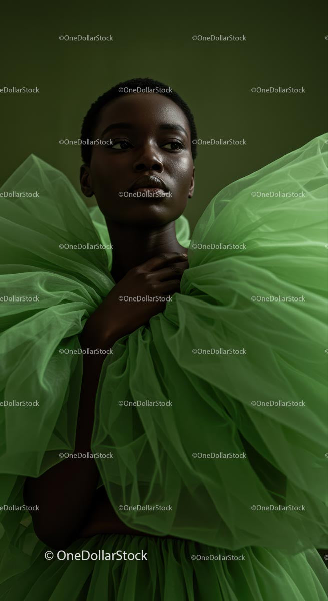 Elegant Model in Dramatic Green Tulle Dress