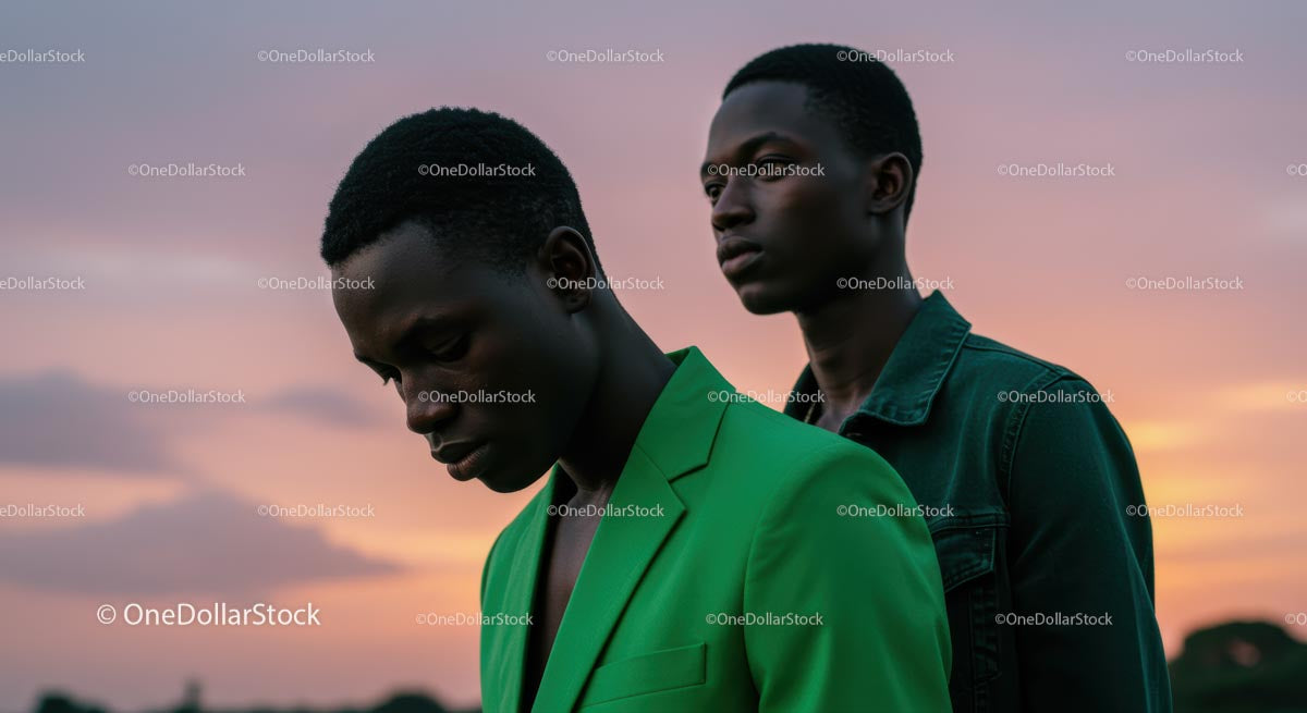 Thoughtful Men Against a Stunning Sunset Backdrop