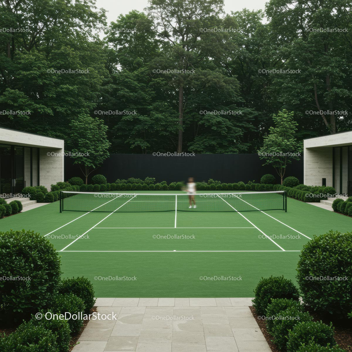 Luxury Private Tennis Court Surrounded by Lush Green Gardens