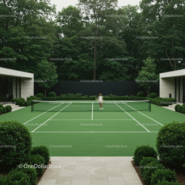 Luxury Private Tennis Court Surrounded by Lush Green Gardens