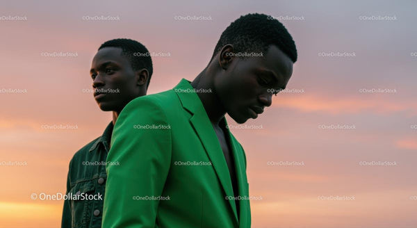 Stylish Men in Green Blazer at Sunset