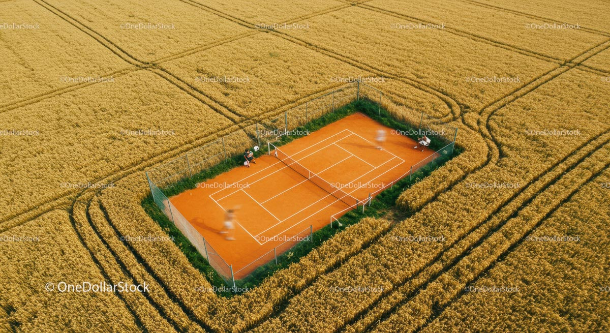 Aerial View of Tennis Court in Golden Wheat Field
