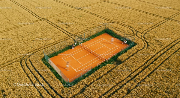 Aerial View of Tennis Court in Golden Wheat Field