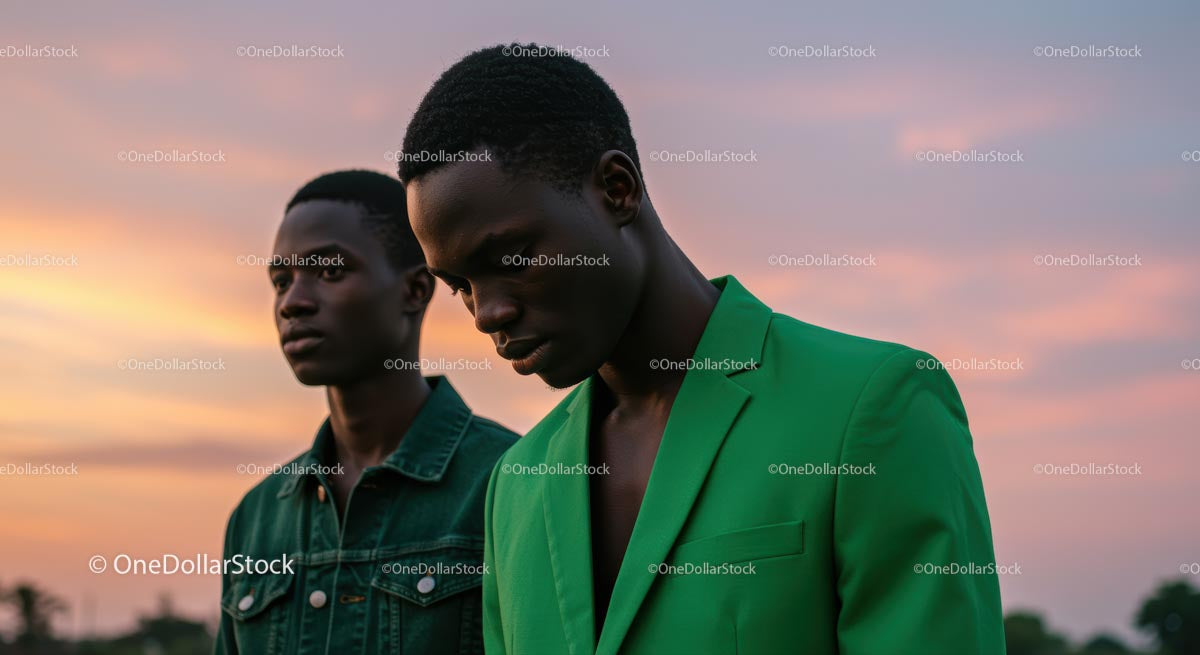 Stylish Young Men in Vibrant Outfits at Sunset