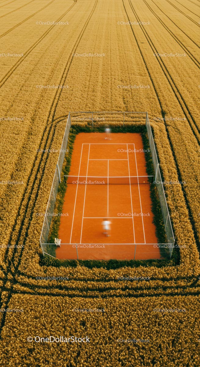 Aerial View of Tennis Court in Wheat Field