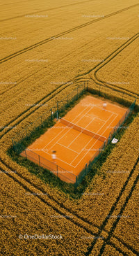 Aerial View of Tennis Court Amidst Golden Wheat Field