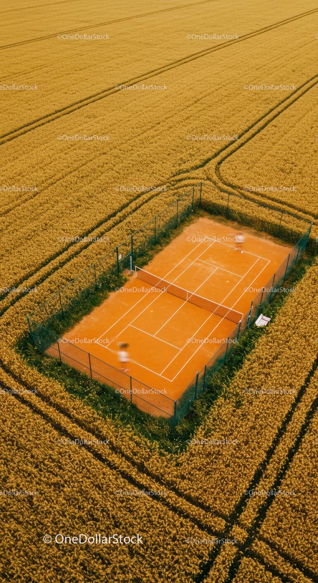 Aerial View of Tennis Court Amidst Golden Wheat Field