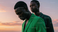 Two Friends Reflecting at Sunset in Vibrant Attire