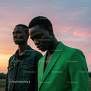 Stylish Men in Green and Denim at Sunset