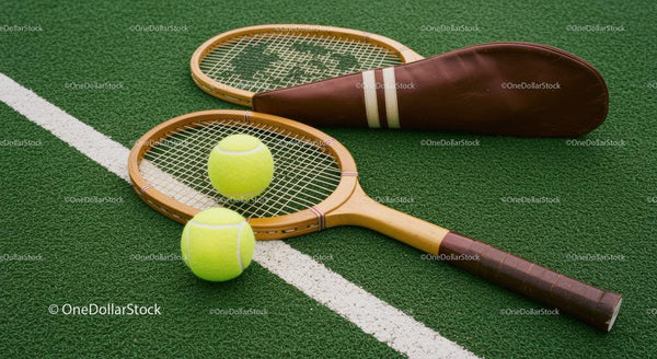 Vintage Wooden Tennis Rackets on Green Court