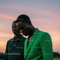 Stylish Men at Sunset in Green and Denim Jackets